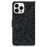 iPhone 15 Pro Kunstskinn Deksel med Lommebok og Stropp - Glitter Design - Svart