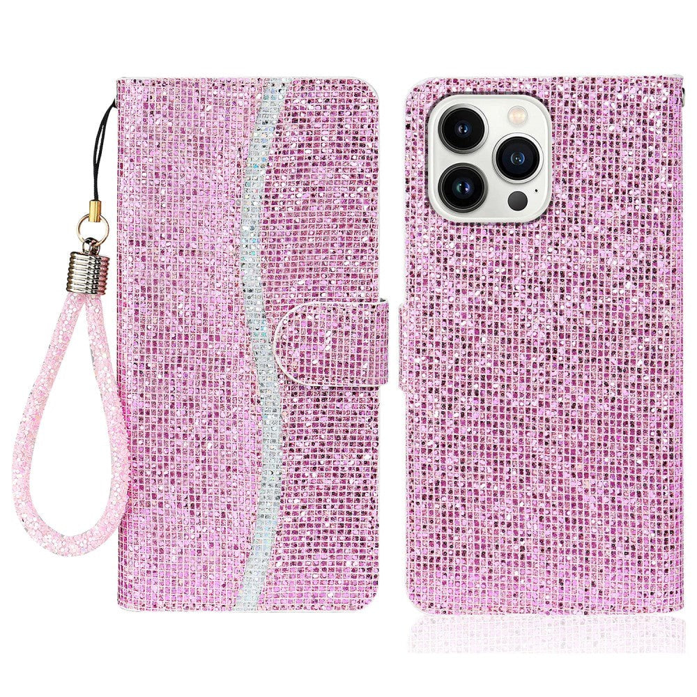 iPhone 15 Pro Kunstskinn Deksel med Lommebok og Stropp - Glitter Design - Rosa