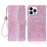 iPhone 15 Pro Kunstskinn Deksel med Lommebok og Stropp - Glitter Design - Rosa