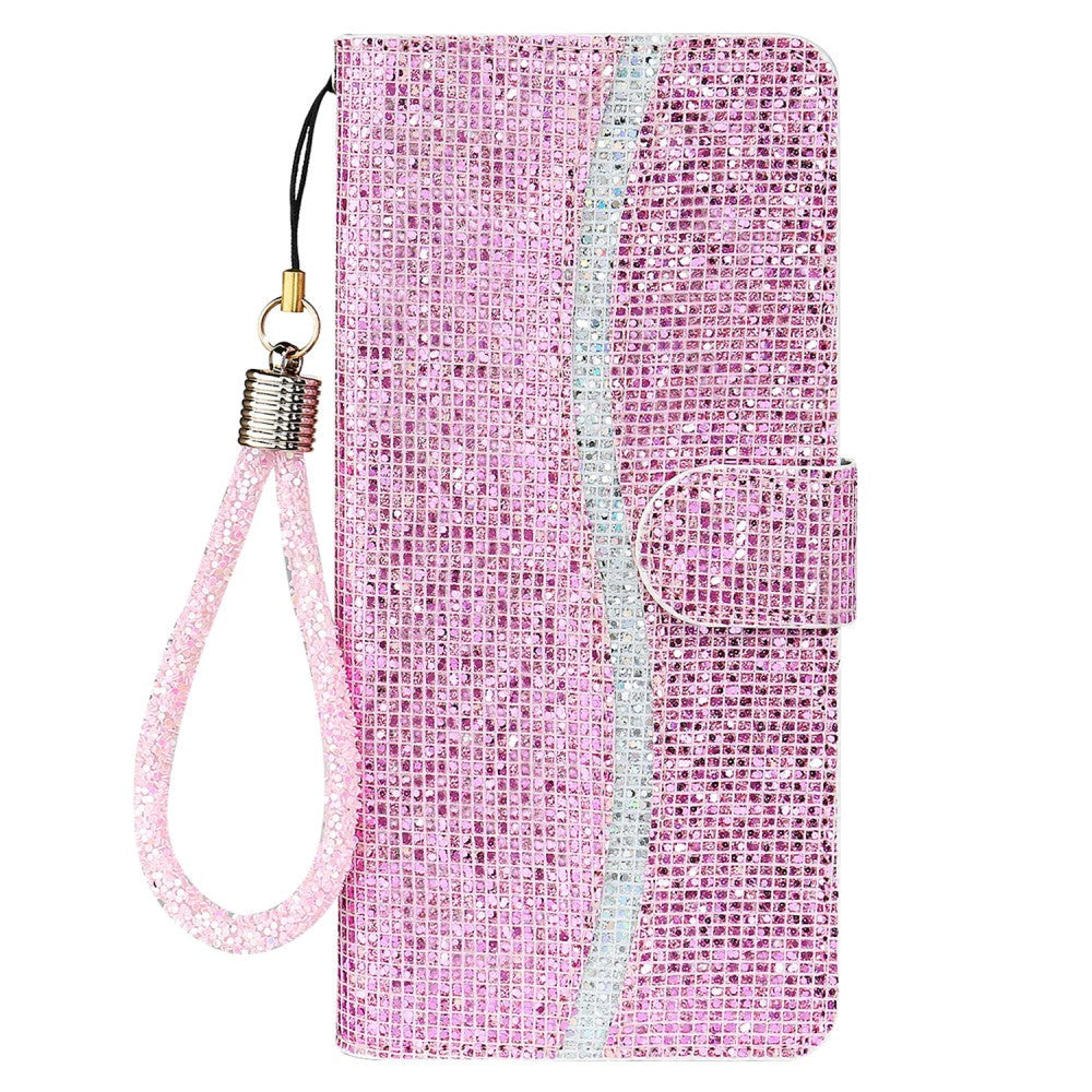 iPhone 15 Pro Kunstskinn Deksel med Lommebok og Stropp - Glitter Design - Rosa