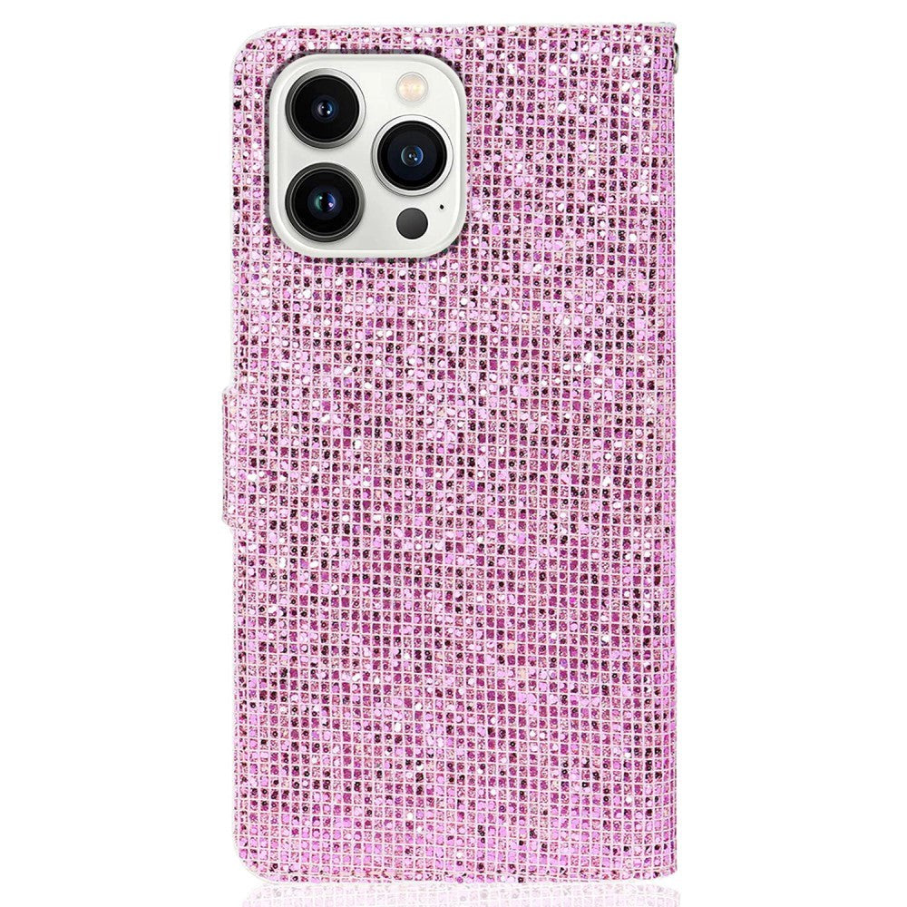 iPhone 15 Pro Kunstskinn Deksel med Lommebok og Stropp - Glitter Design - Rosa