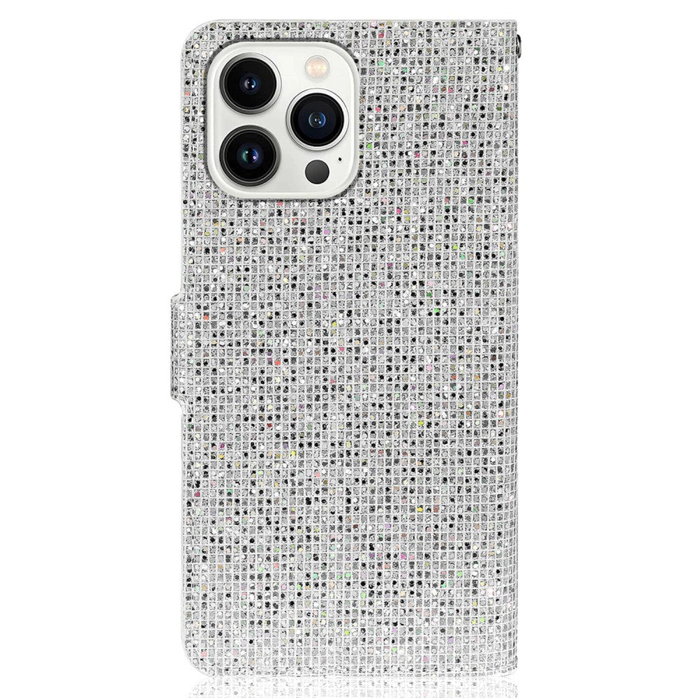 iPhone 15 Pro Kunstskinn Deksel med Lommebok og Stropp - Glitter Design - Sølv