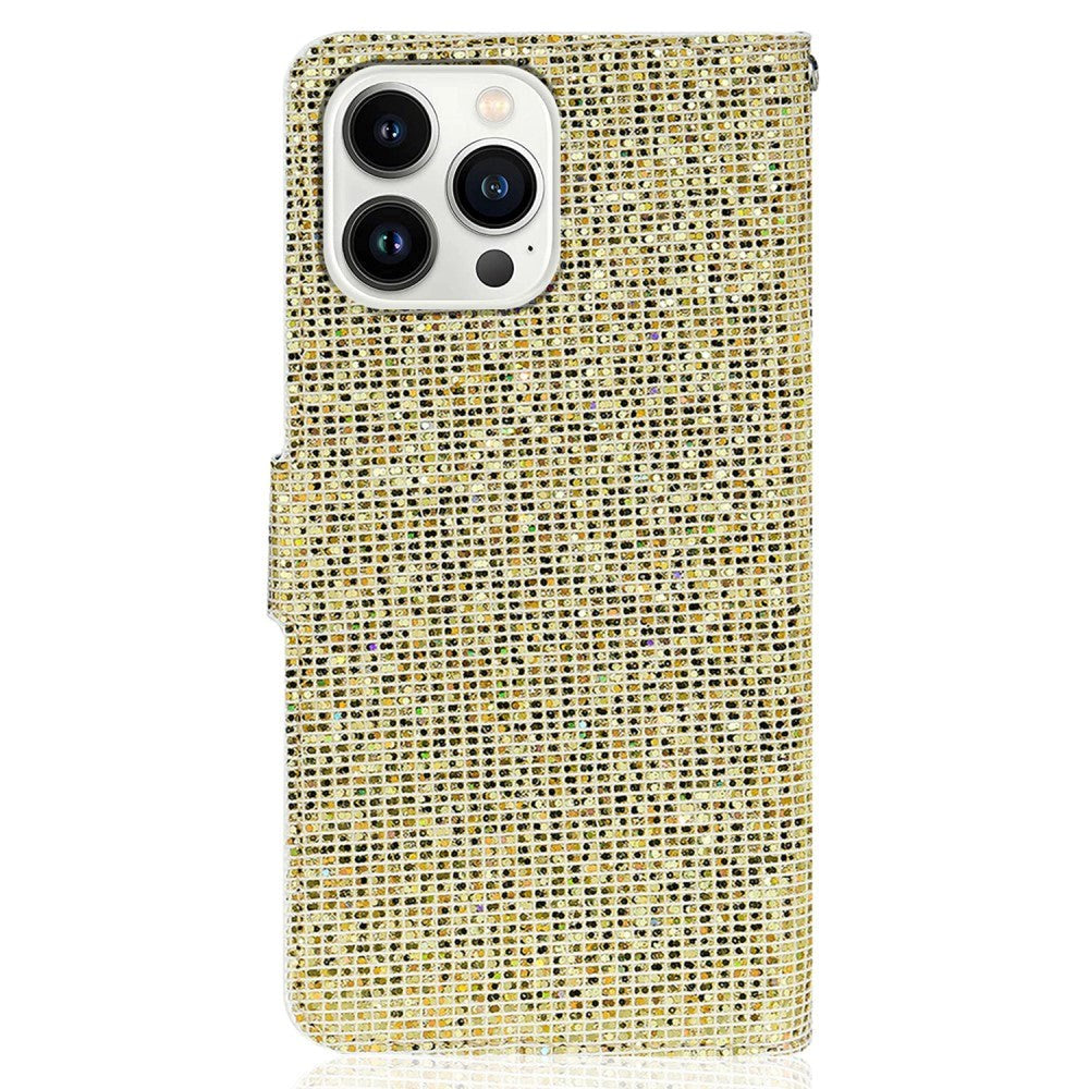 iPhone 15 Pro Kunstskinn Deksel med Lommebok og Stropp - Glitter Design - Gull