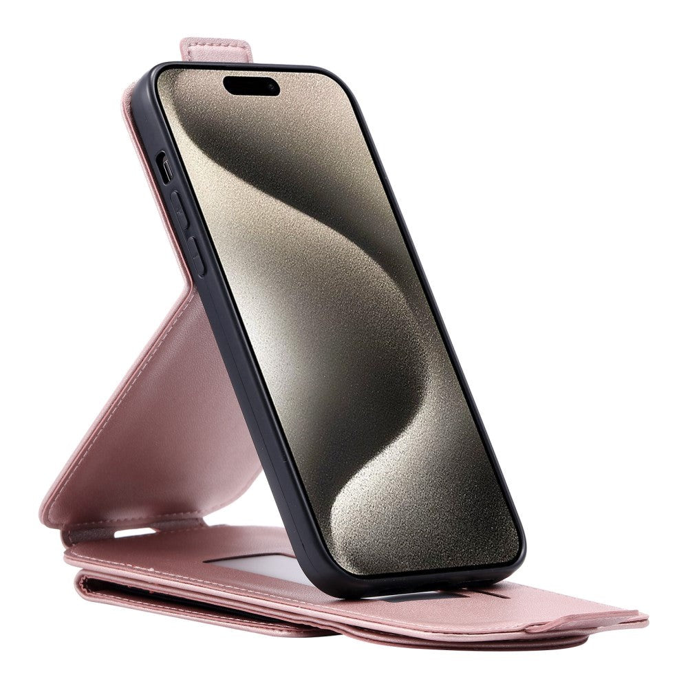 iPhone 15 Pro Vertikalt Kunst Skinn Flip Deksel med Lommebok / Ståfunksjon / Stropp - Rose Gold