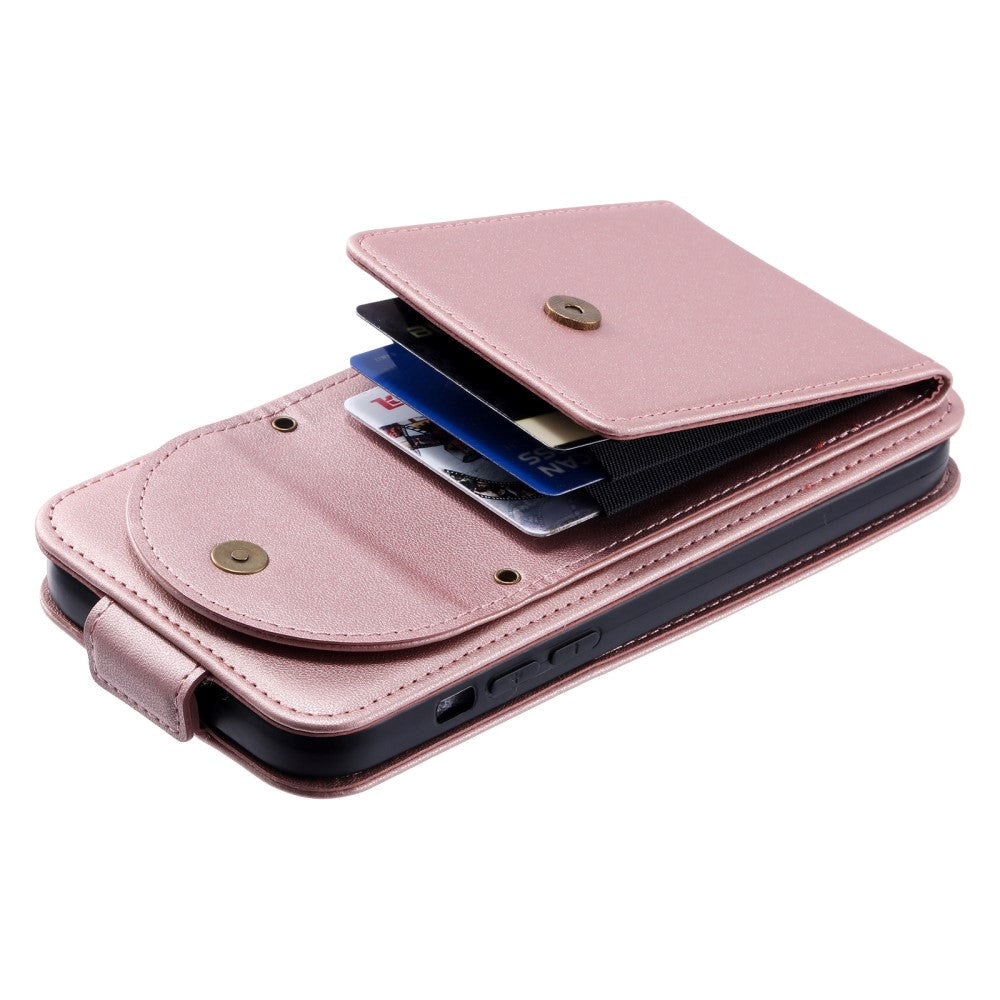 iPhone 15 Vertikalt Kunst Skinn Flip Deksel med Lommebok / Ståfunksjon / Stropp - Rose Gold