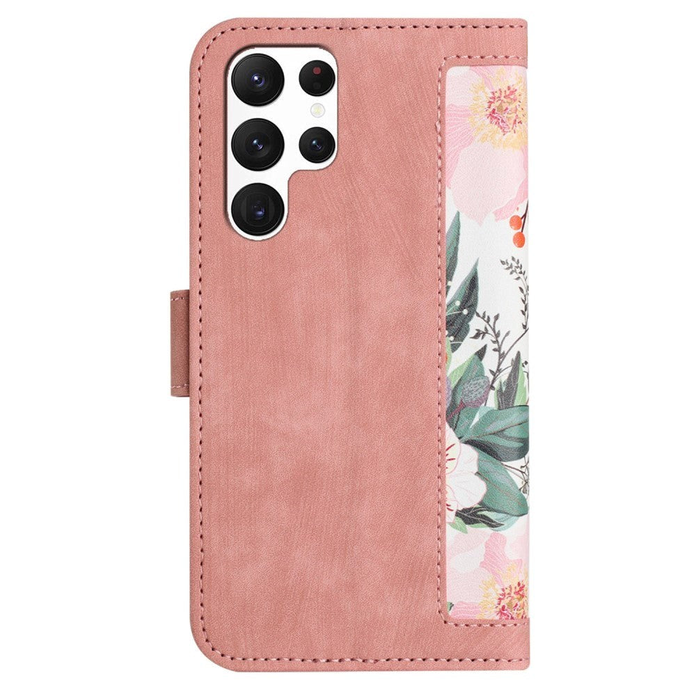 Samsung Galaxy S24 Ultra Skinn Deksel med Lommebok og Stropp - Rosa med Blomster