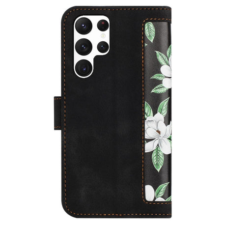 Samsung Galaxy S24 Ultra Skinn Deksel med Lommebok og Stropp - Svart med Blomster