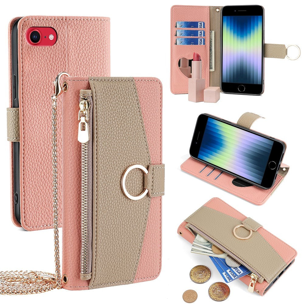 iPhone SE (2022 / 2020) / 8 / 7 Kunstskinn 2-i-1 Flipdeksel med Lommebok og Crossbody Bagfunksjon - Rosa