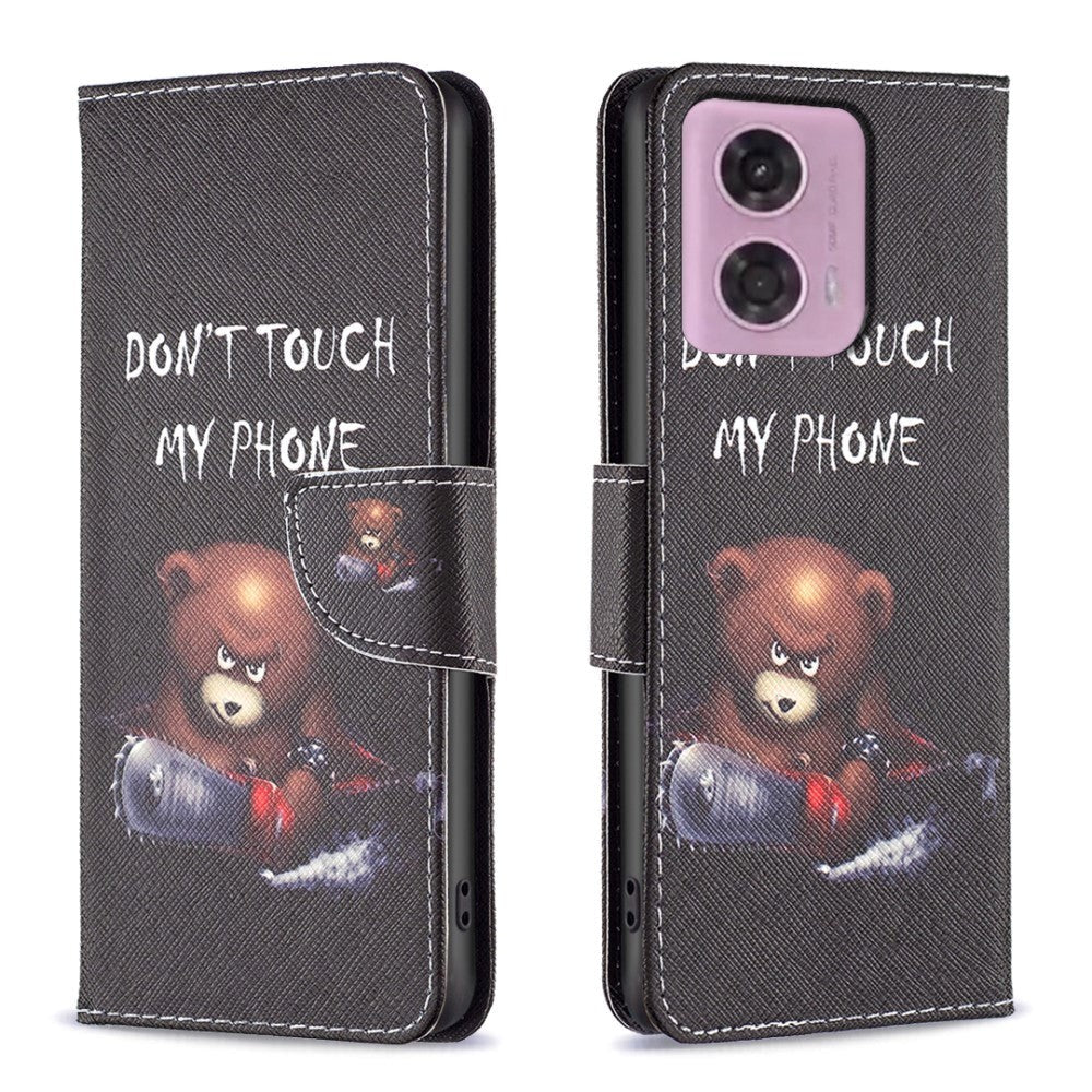 Motorola Moto G34 Flip Deksel i Kunstkinn med Lommebok og Trykk - "Don't Touch My Phone" - Bjørn