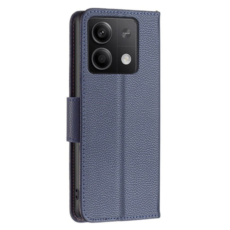 EIDERWOOD Xiaomi Redmi Note 13 (5G) PU Litchi Skin Flip Deksel med Lommebok og Stropp - Blå