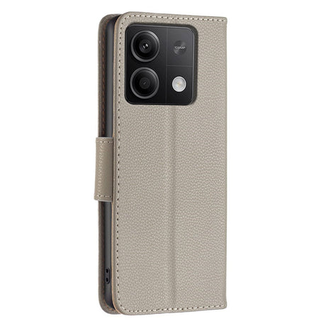 EIDERWOOD Xiaomi Redmi Note 13 (5G) PU Litchi Skin Flip Deksel med Lommebok og Stropp - Grå