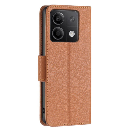 EIDERWOOD Xiaomi Redmi Note 13 (5G) PU Litchi Skin Flip Deksel med Lommebok og Stropp - Brun