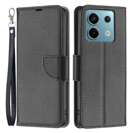 EIDERWOOD Xiaomi Redmi Note 13 Pro (4G) PU Litchi Skin Flip Deksel med Lommebok og Stropp - Svart