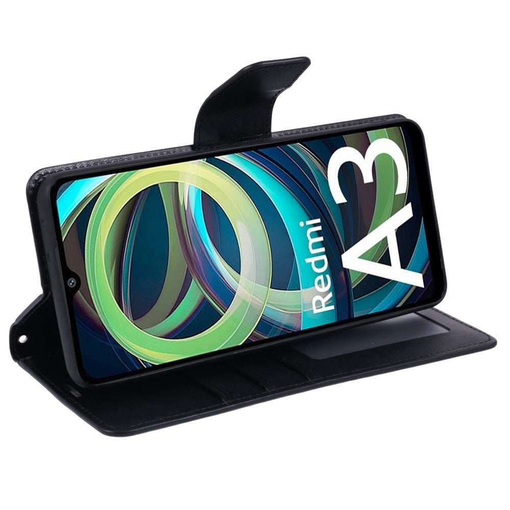Xiaomi Redmi A3 Kunstskinn Flip Deksel med Lommebok & Stativfunksjon - Svart