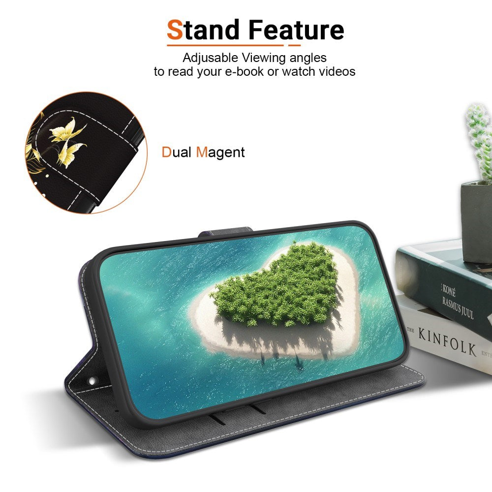 EIDERWOOD iPhone 16e Kunstskinn Deksel med Lommebok og Stropp - Gull Rose