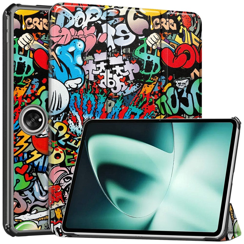 OnePlus Pad / Oppo Pad 2 Kunstskinn Flip Deksel m. Tri-fold Stativ & Vekkefunksjon - Grafitti