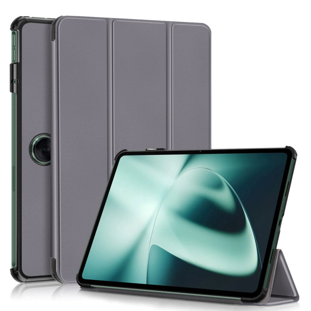 OnePlus Pad / Oppo Pad 2 Tri-Fold Kunstskinn Deksel m. Stativfunksjon - Grå