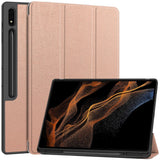 Samsung Galaxy Tab S9 Ultra Tri-Fold Skinn Flip-deksel med Ståfunksjon & Pencil Holder - Rosa