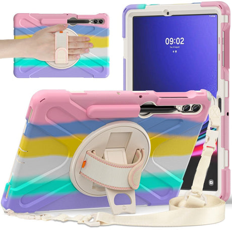 Samsung Galaxy Tab S9+ / S8+ / S7+ (Plus) / S7 FE Håndverkerdeksel med Håndholder, Stativ, Pencil Holder og Skulderstropp - Pink / Multi