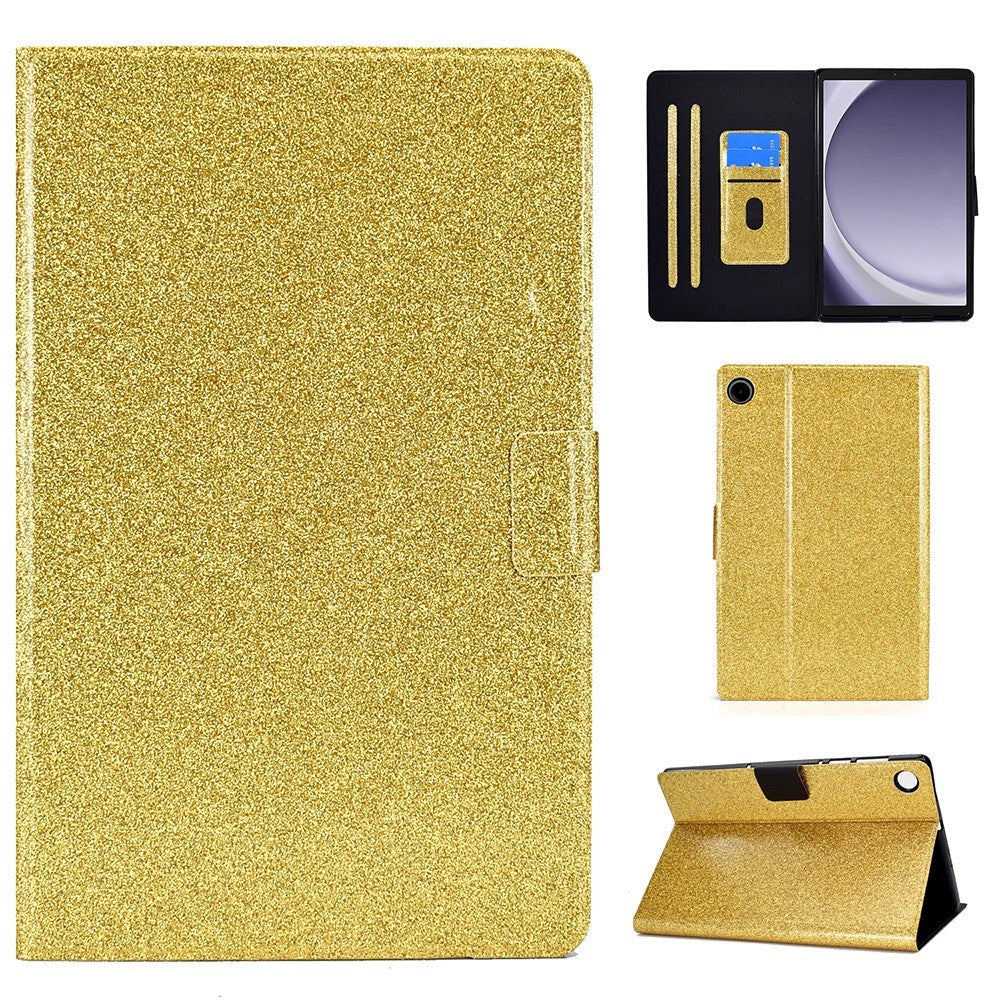 Samsung Galaxy Tab A9 Glitter Deksel m. Stativfunksjoner & Kortholder - Gull Glitter