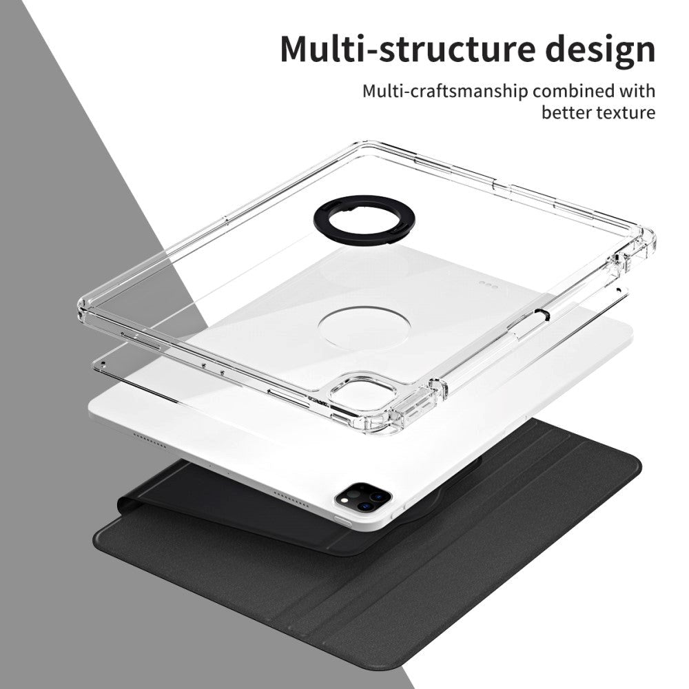 iPad Pro 12.9" (2022 / 2021 / 2020 / 2018) 2 i 1 Hybrid Flip Deksel m. Pennholder og Kameralinsebeskytter - Svart / Gjennomsiktig