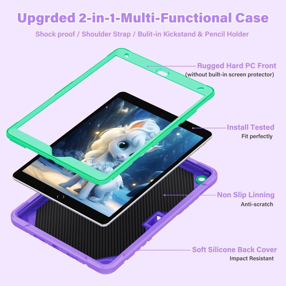 EIDERWOOD iPad 10,2" (2021 / 2020 / 2019) Unicorn Kickstand Barnedeksel - Lilla / Grønn