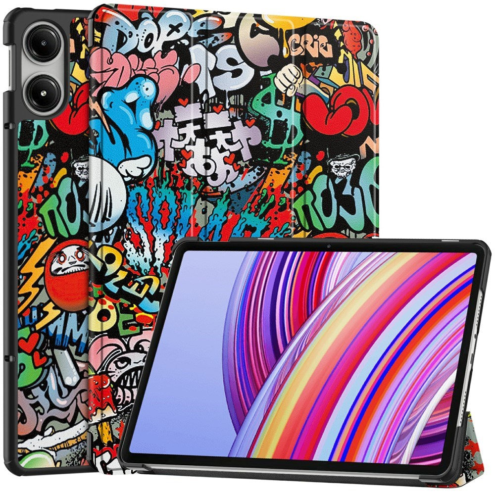 EDIERWOOD Xiaomi Redmi Pad Pro Tri-Fold Deksel i Kunstskinn med Sleep-Funksjon - Graffiti