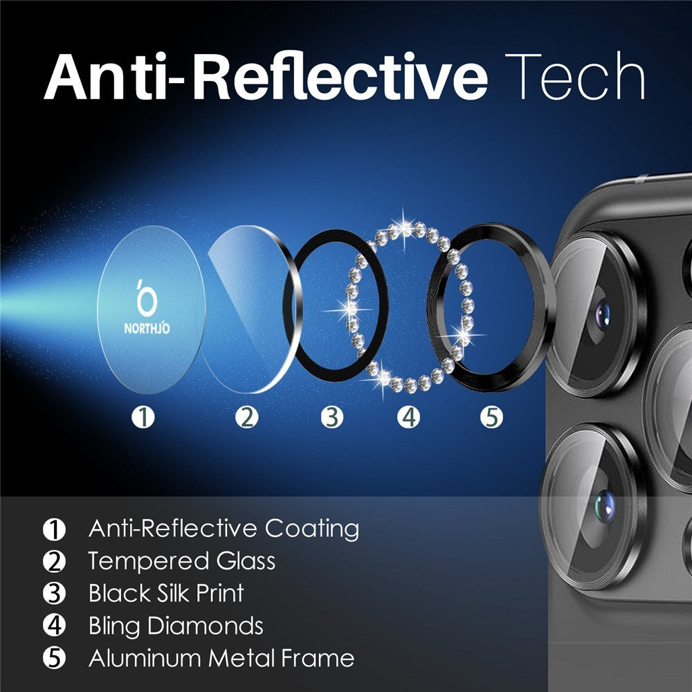 NORTHJO iPhone 16 Pro / 16 Pro Max Kameralinsebeskytter - Rhinestones - Svart