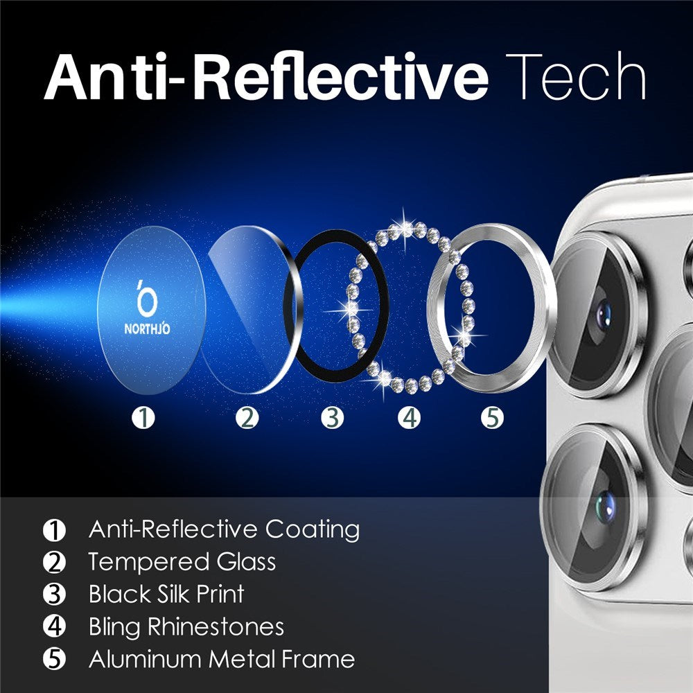 NORTHJO iPhone 16 Pro / 16 Pro Max Kameralinsebeskytter - Rhinestones - Sølv