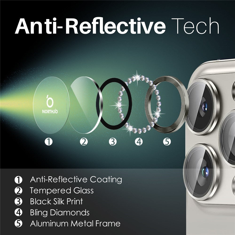 NORTHJO iPhone 16 Pro / 16 Pro Max Kameralinsebeskytter - Rhinestones - Beige