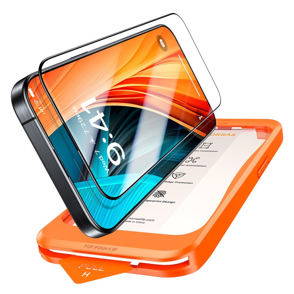 TORRAS iPhone 15 / 14 Pro Full Fit Herdet Skjermbeskyttelsesglass m. Monteringsramme - Gjennomsiktig