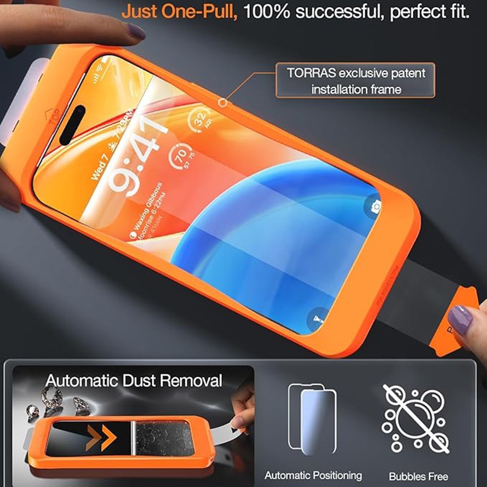 TORRAS iPhone 15 / 14 Pro Full Fit Herdet Skjermbeskyttelsesglass m. Monteringsramme - Gjennomsiktig