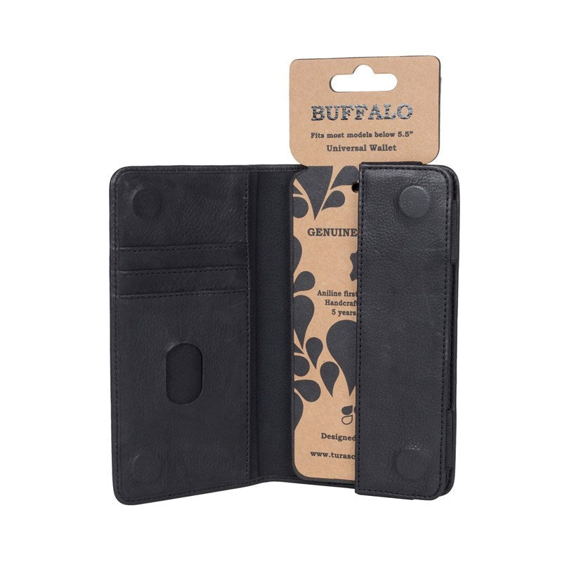 GEAR Buffalo Wallet Universal Ekte Skinnetui med Lommebok Svart - (Maks. Mobil: 157 x 76 x 10 mm)