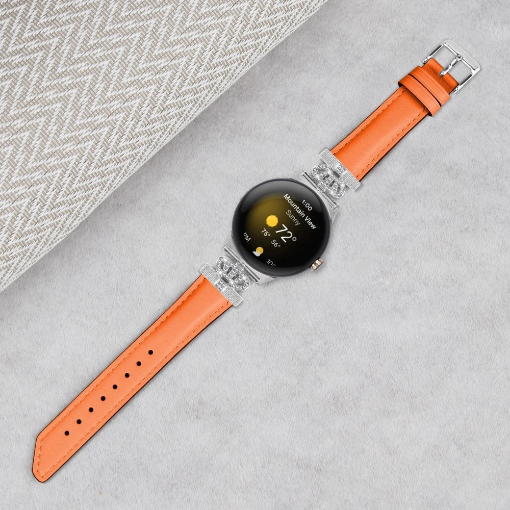 Google Pixel Watch 1 / 2 / 3 Kunstskinn Rem med Sølv Rhinstenen Spenne - Orange