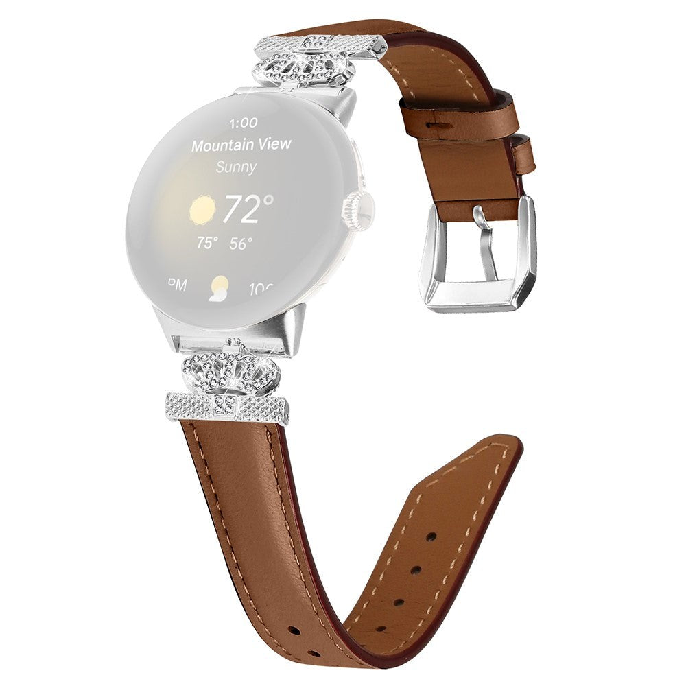 Google Pixel Watch 1 / 2 / 3 Kunstskinn Rem med Sølv Rhinstenen Spenne - Brown