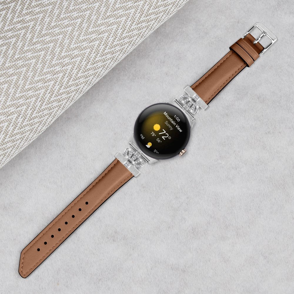 Google Pixel Watch 1 / 2 / 3 Kunstskinn Rem med Sølv Rhinstenen Spenne - Brown