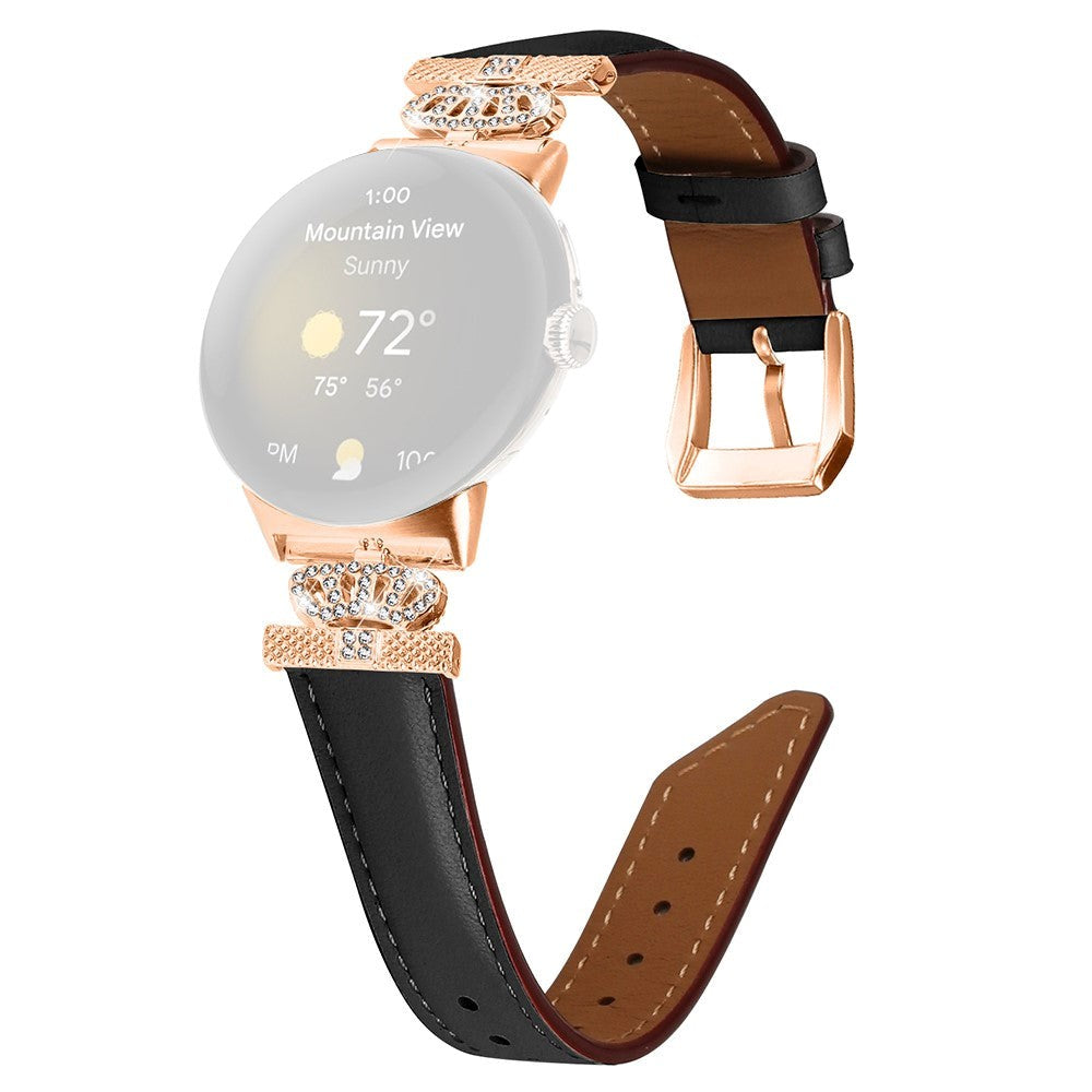 Google Pixel Watch 1 / 2 / 3 Kunstskinn Rem med Rose Gold Rhinstenen Spenne - Svart