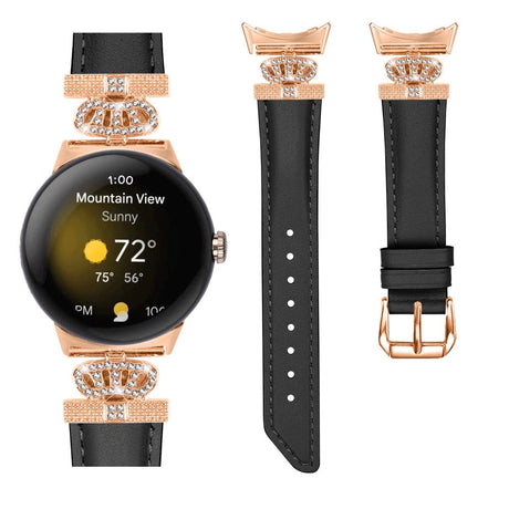 Google Pixel Watch 1 / 2 / 3 Kunstskinn Rem med Rose Gold Rhinstenen Spenne - Svart