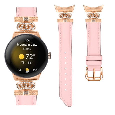 Google Pixel Watch 1 / 2 / 3 Kunstskinn Rem med Rose Gold Rhinstenen Spenne - Rosa