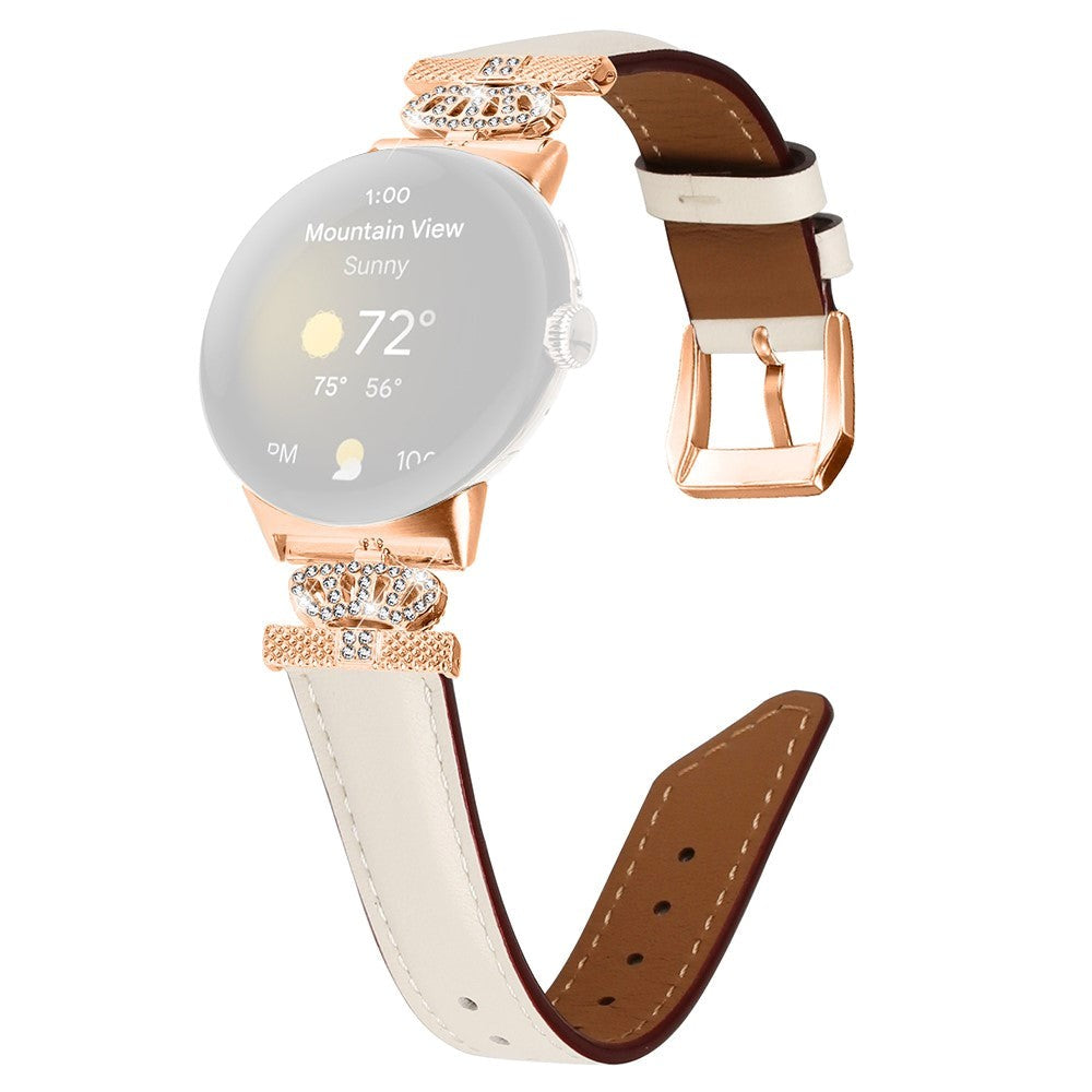 Google Pixel Watch 1 / 2 / 3 Kunstskinn Rem med Rose Gold Rhinstenen Spenne - Beige