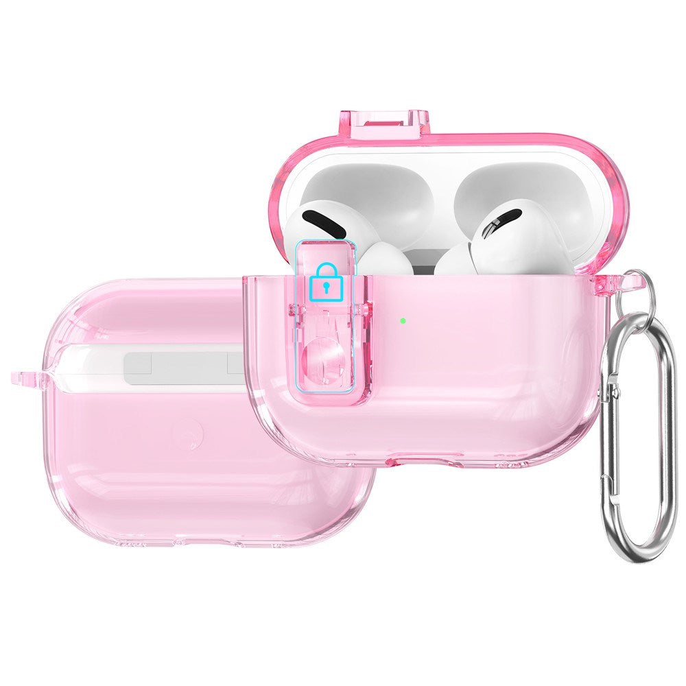 Apple AirPods Pro (3. gen.) Hybrid Plast Deksel m. Karabinkrok - Gjennomsiktig Glitter / Rosa