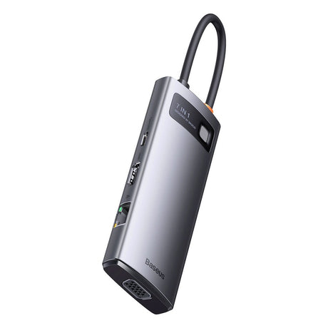 Baseus 7-i-1 USB-C Multiport Hub - 3 x USB-A 1 x USB-C 1 x HDMI 1 x VGA 1 x RJ45 - Grå