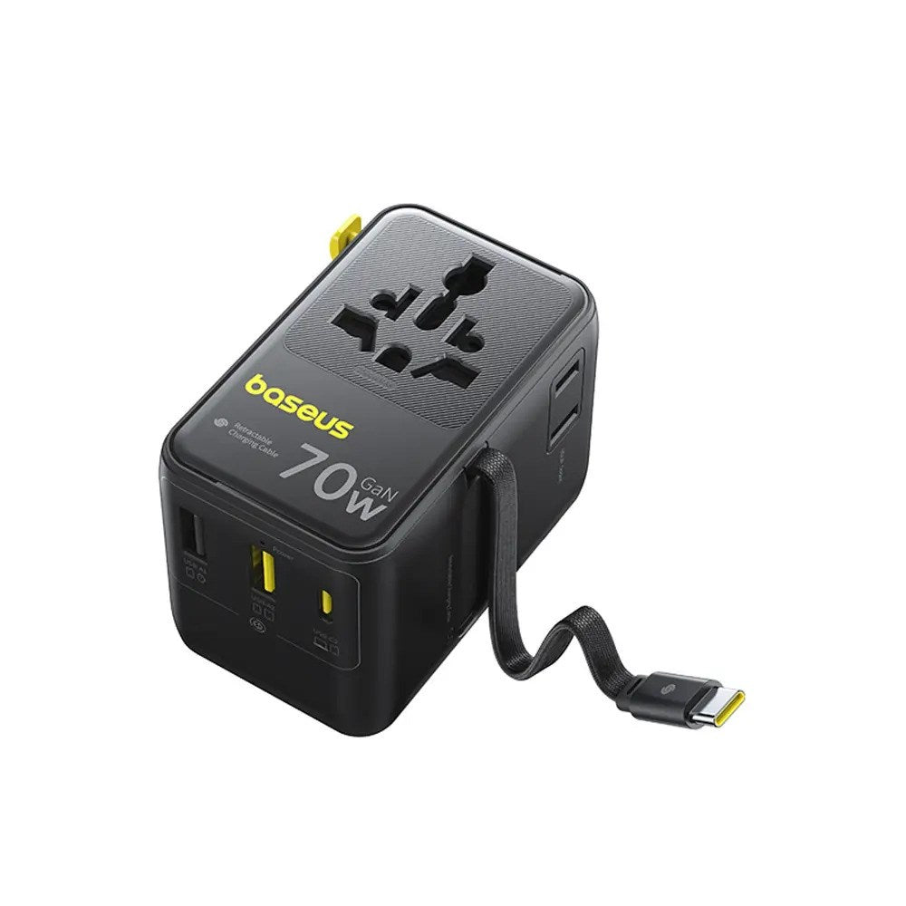 Baseus EnerCore 70W 6-i-1 Reiseadapter m. Uttrekkbart USB-C Kabel - Svart