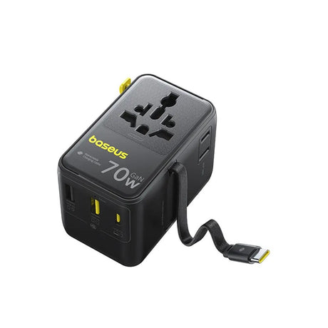 Baseus EnerCore 70W 6-i-1 Reiseadapter m. Uttrekkbart USB-C Kabel - Svart