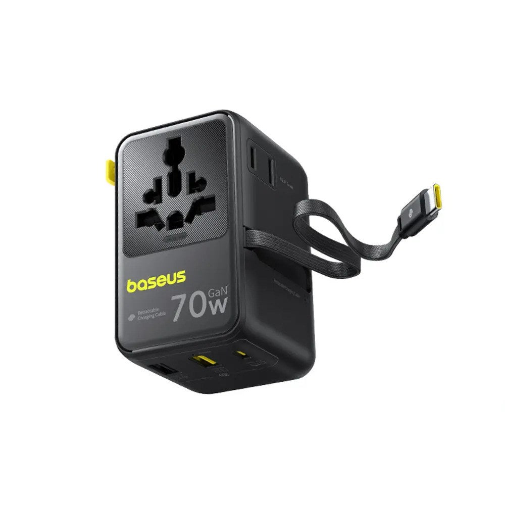 Baseus EnerCore 70W 6-i-1 Reiseadapter m. Uttrekkbart USB-C Kabel - Svart
