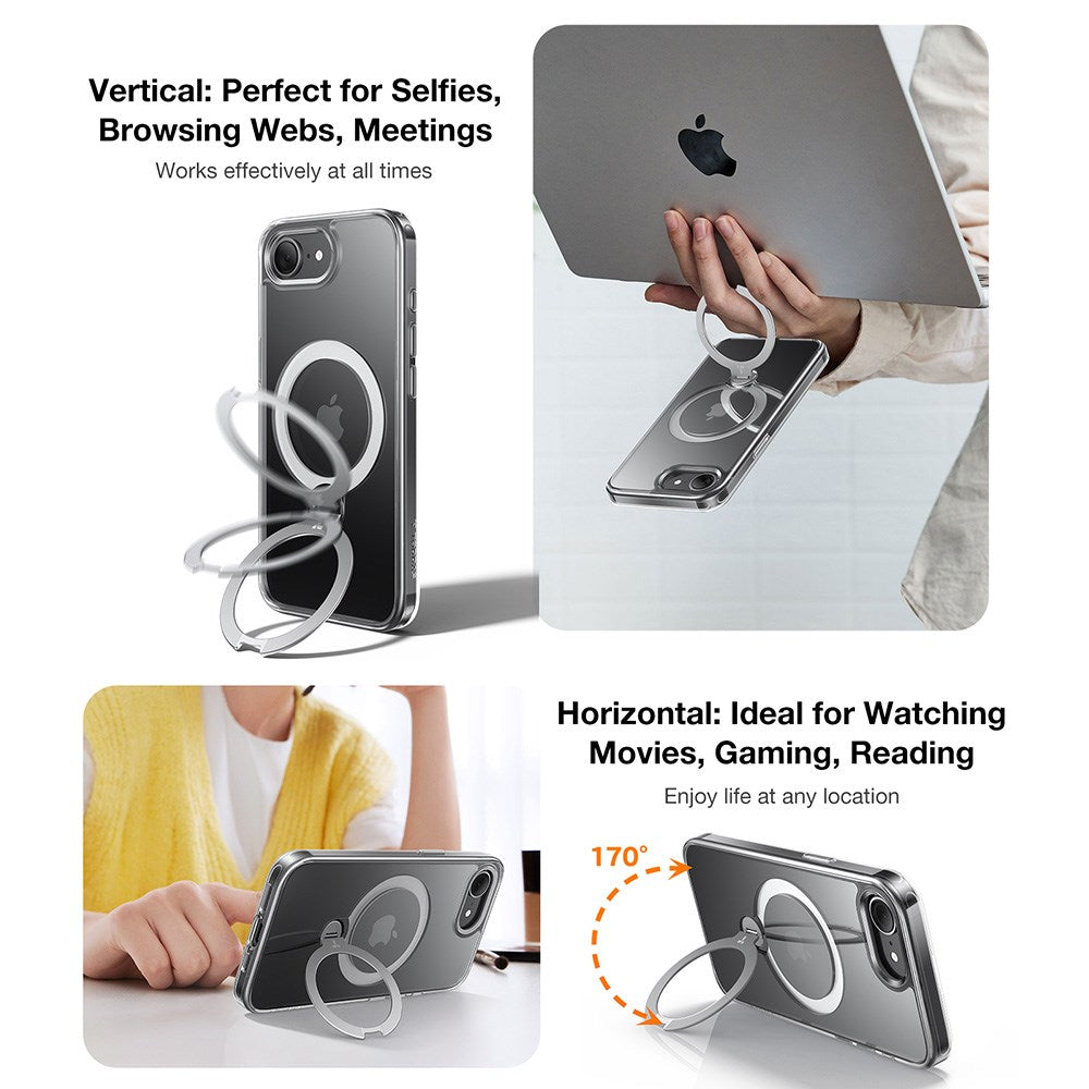 TORRAS iPhone 16e Ostand Spin Hybrid Deksel med Kickstand - Gjennomsiktig / Sølv