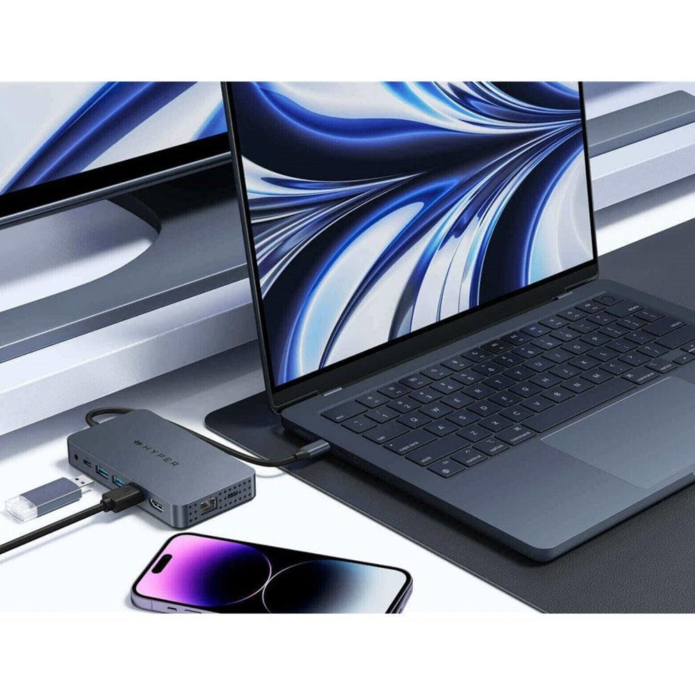 Hyper HyperDrive 10-i-1 USB-C-Hub med USB-A / USB-C / HDMI / Ethernet / 3,5 mm Kontakt / SD- & MicroSD-Kort - Grå