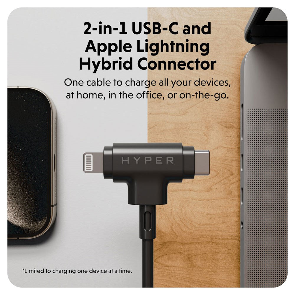 Hyper HyperJuice 60W 2-i-1 Hybrid Silikon USB-C til USB-C & Lightning Kabel - 1.5m - Svart