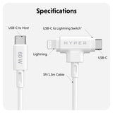 Hyper HyperJuice 60W 2-i-1 Hybrid Silikon USB-C til USB-C & Lightning Kabel - 1.5m - Hvit
