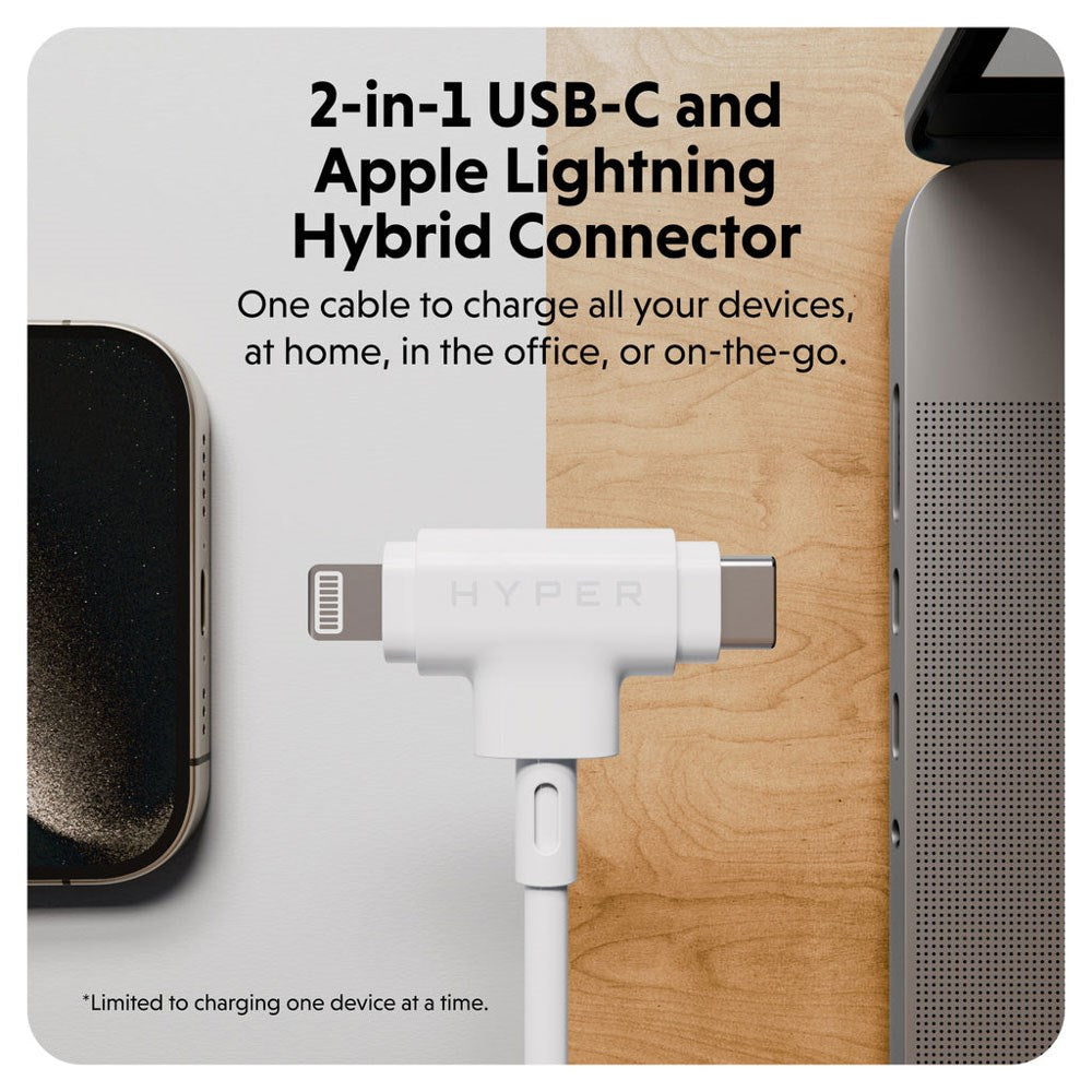 Hyper HyperJuice 60W 2-i-1 Hybrid Silikon USB-C til USB-C & Lightning Kabel - 1.5m - Hvit